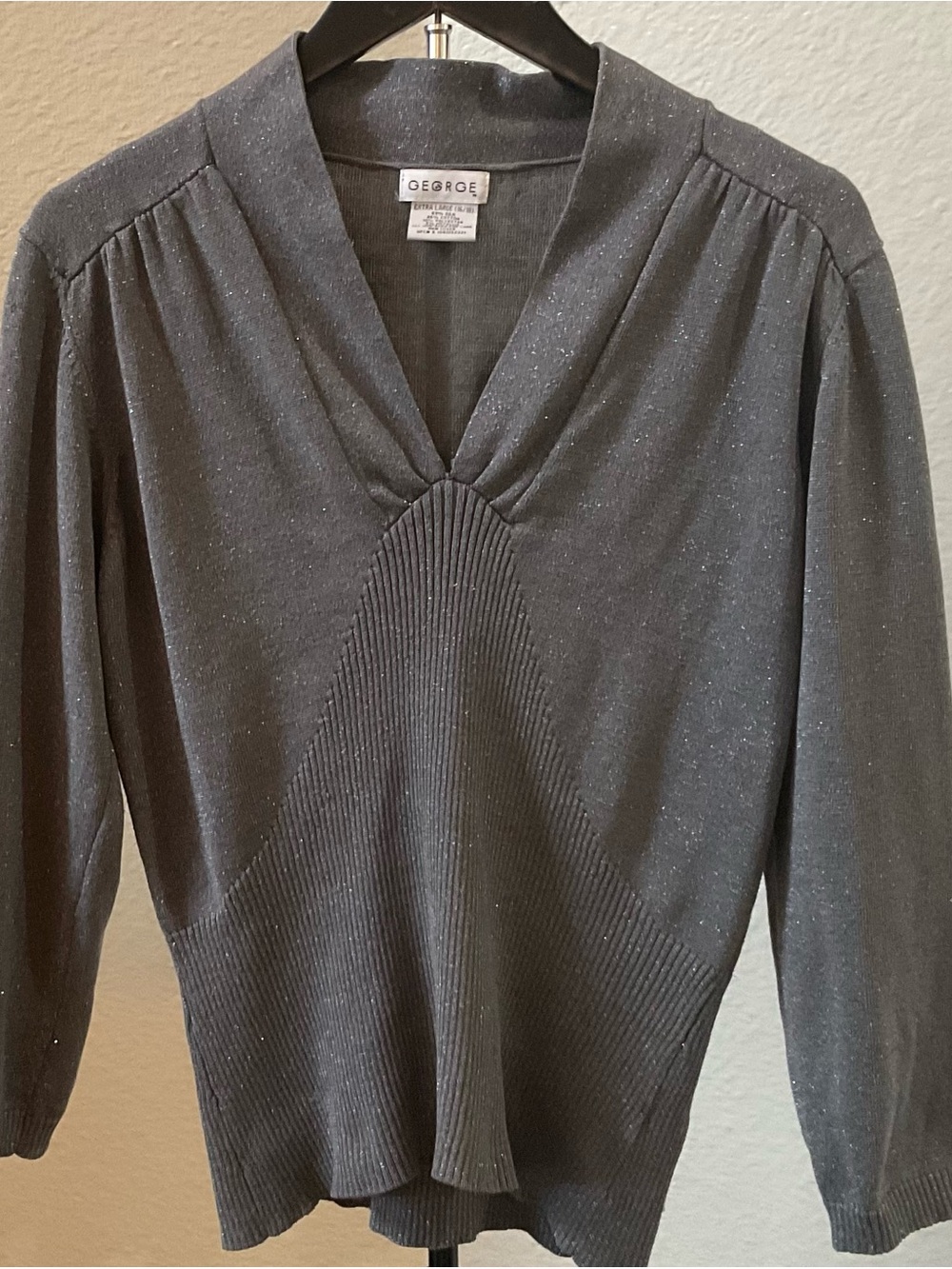 George Long-Sleeve Black V-Neck Ribbed Waist Knit Dress